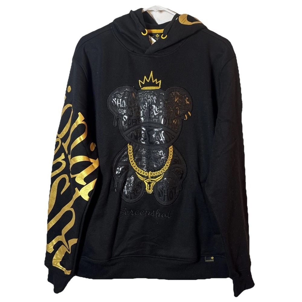 Screenshot Hoodie Men's Large Black Gold Graphic Pullover NWT Streetwear‎